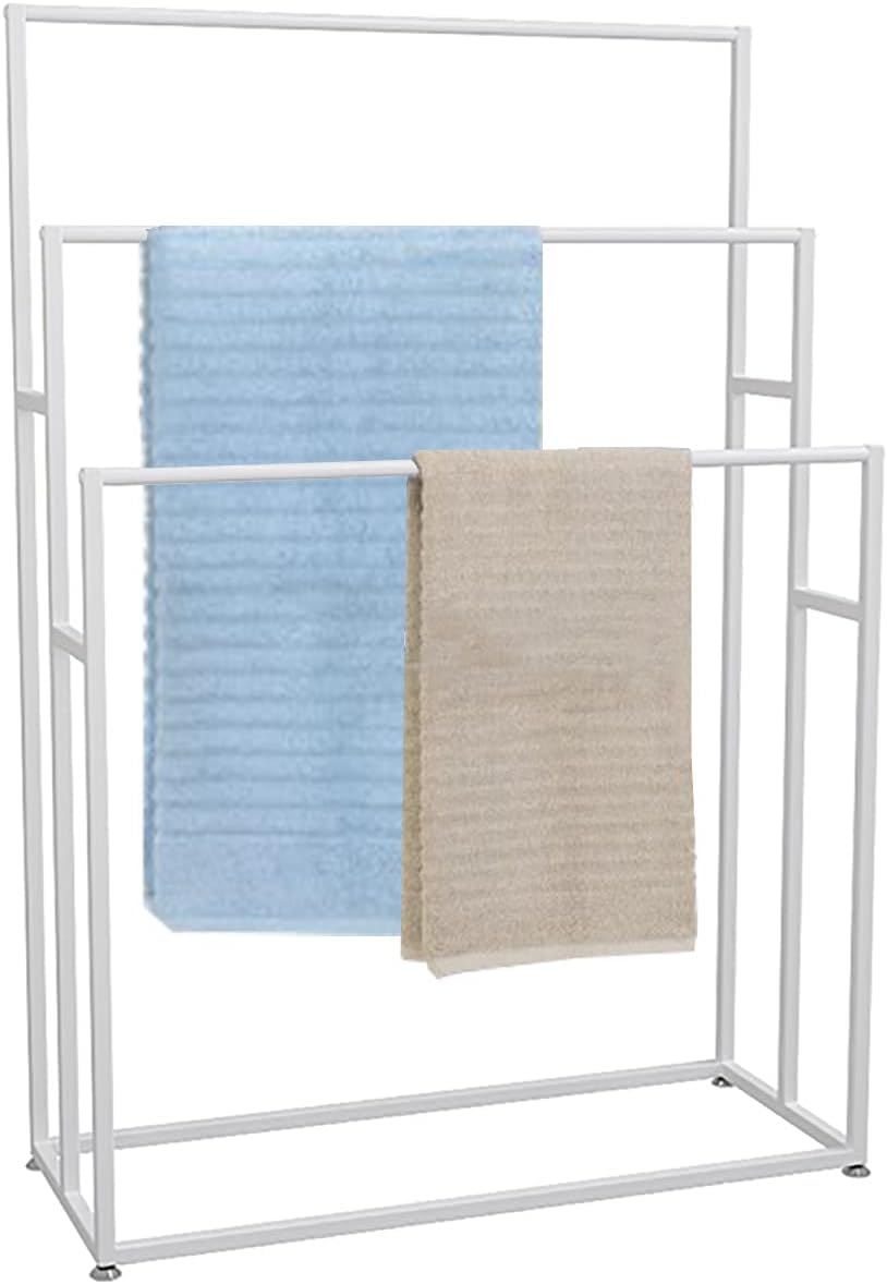 Porte-serviettes au sol blanc avec 3 barres de rangement en métal pour salle de bain