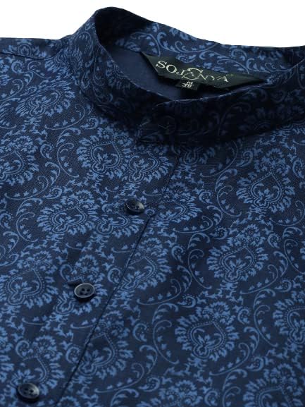 Image of SOJANYA (Since 1958 Men's Cotton Blend Navy Blue & Black Printed Kurta & White Churidar Pyjama Set