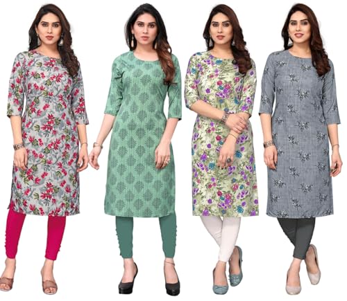 Image of JAKHANA Women's Crepe Printed Casual Straight Calf Length Round Nick Kurta Pack of 4