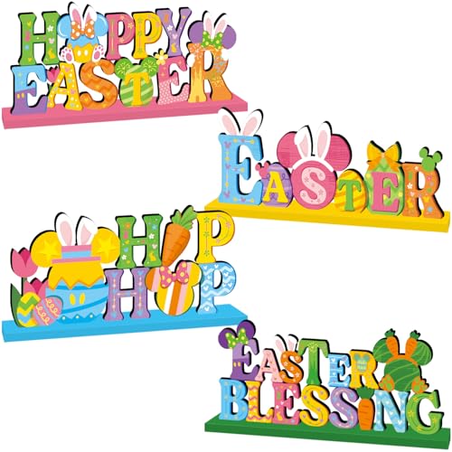Image of 4Pcs Easter Decorations for Home Wooden Table Centerpiece Mouse Easter Table Decorations Eggs Bunny Style Tabletop Ornaments for Spring Easter Blessing Party Tiered Tray Decor Supplies