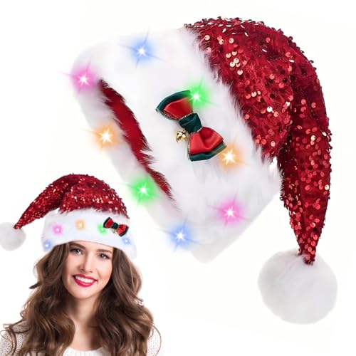 Weihnachtsmützen Erwachsene, Bunte LED Nikolausmütze, Doppellagiger...