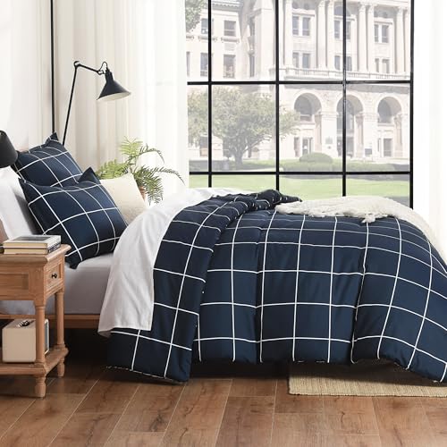Image of Andency Navy Plaid Comforter Twin(66x90Inch), Dark Blue Grid Gingham Buffalo Plaid Bed Set for Boys Kids Teens, 2 Pieces Lightweight Polyester Geometric Preppy Bedding