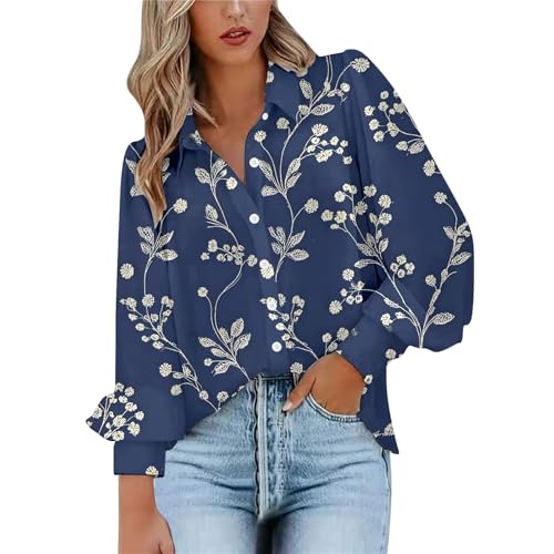Blouses for Women Puff Long Sleeve V Neck Collared Button Down Shirt Ladies Vintage Floral Print Fashion Tops(Dark Blue, S)