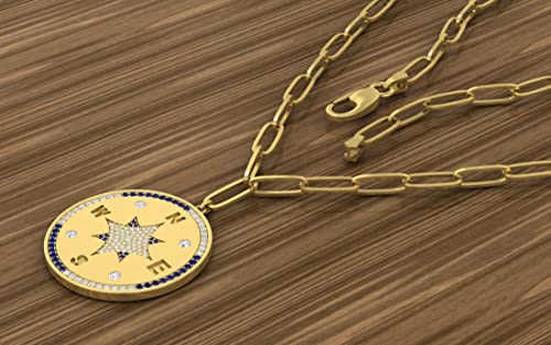 Dazzlingrock Collection Round Blue Sapphire & White Diamond Compass North Star Paperclip Chain Pendant Necklace For Women In Yellow Gold Plated 925 Sterling Silver #TOP3