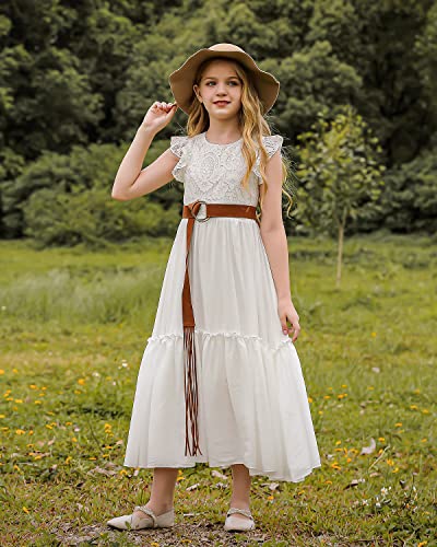 BIBIHOU Girls Lace Flower Ruffle Sleeve Holiday Party Wedding Swing A-Line Maxi Dress4