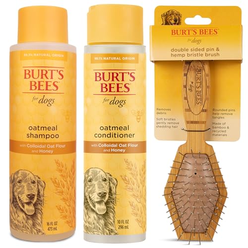 Burt's Bees Bundle Oatmeal Grooming Kit | Includes Oatmeal Dog Shampoo and Conditioner with Colloidal Oat Flour and Honey, and Double Sided Pin & Bristle Brush