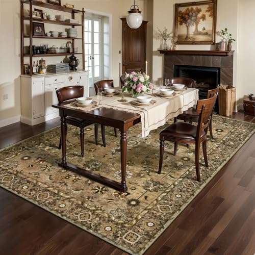 Image of Brown 5x7 Washable Area Rugs for Living Room, Vintage Indoor Non Slip Rug