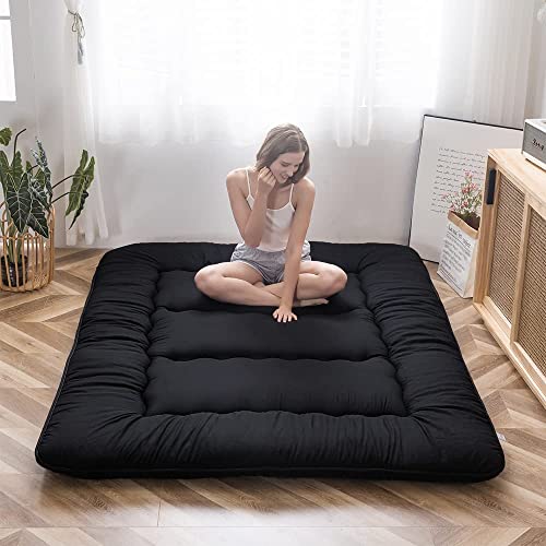 Maxyoyo Japanese Floor Mattress Futon Mattress, 4" Thicken Tatami Mat Sleeping Pad Foldable Roll Up Mattress Boys Girls Dormitory Mattress Pad Kids Floor Lounger Pillow Bed, Black, King #TOP3