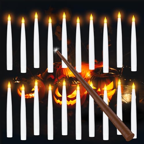 Tyreses Lot de 20 Bougies Flottantes Magiques Suspendues avec Baguette, Halloween Bougies électrique Flamme Lumière Chaude Vacillante Bougie Conique LED à Piles Pour Décoration de Halloween Noël