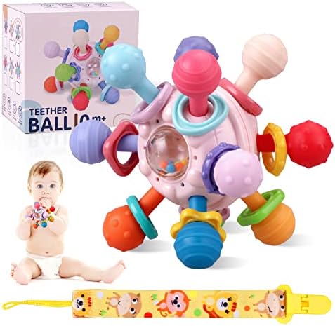 Teething Toys, Ball Shape Design Sensory Toys Teething Toys for Babies 0-6 Months 12 Silicone Ball Fashionable Color rotatable Baby Rattle Infant Toy Gift for Newborn Birthday Christmas Newyear