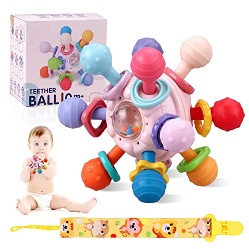 Image of Baby Teething Toys for Babies 0-12 Months, Baby Essentials Rattles Newborn Infant Toys with Convenient Lanyard, 12 Silicone Ball Rotatable Baby Rattle Infant Toy Gift for Newborn Birthday Christmas