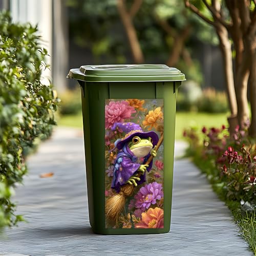 Image of 14.6x32.3 Inch Trash Can Cover Frog in Purple Witch Costume Holding Broom Design Outdoor Garbage Bin Decoration Sticker Wrap