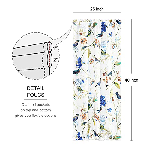 Image of VOGOL Blue Print French Door Panel, Natural Birds & Flowers Design Classic Drapes for Front Glass Door, 40 Inches Long Short Curtain with Tieback, 1 Piece