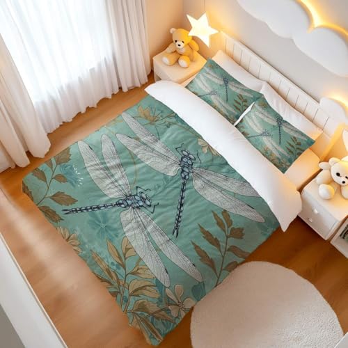 Housse de couette imprimée libellule dorée lit simple bleu sarcelle - 8