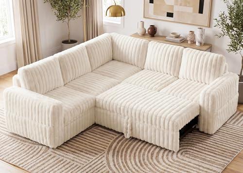 Image of HONBAY Plush Corduroy Modular Sectional Sofa with Pull Out Bed, Convertible L Shaped Couch with Storage,Sleeper Sectional Couches for Living Room,Plush Beige