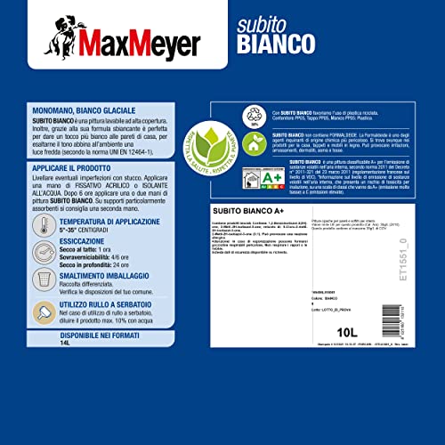 MaxMeyer Pittura per interni Lavabile A+ e priva di formaldeide, formula sbiancante, Subitobianco A+ BIANCO 10 L - 4