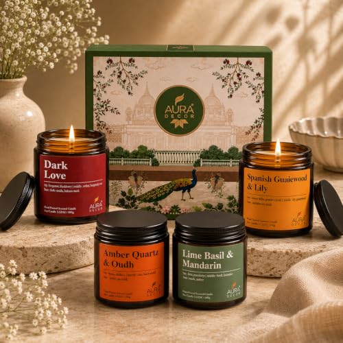 Image of AuraDecor Scented Soy Wax Amber Jar Candle Set of 4, Organic Luxury Aroma, Aromatic /Aromatherapy Votive Candle || Burning Time Upto 30 Hours Aromatherapy, Gift Set