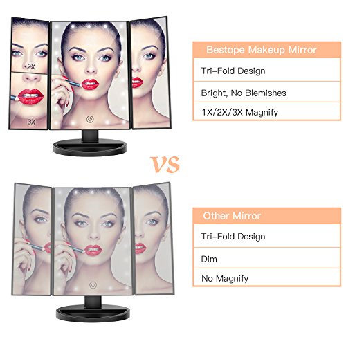 BESTOPE Makeup Mirror Magnification Vanity Make up Mirror 21 LED Lights Tri-Fold Mirrors (Black)