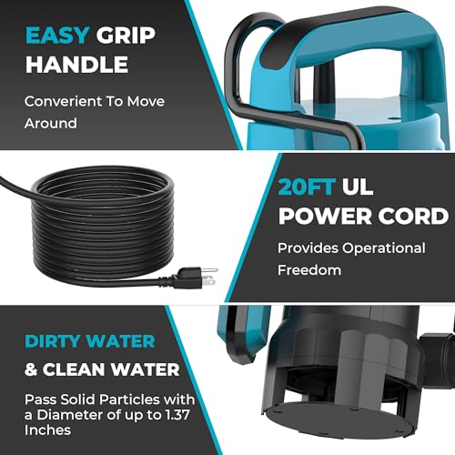 Image of Automatic Water Pump, 2250GPH Sump Pump Submersible Basement Portable Electric Utility Water Pump Removal for Pool Draining Basement Hot Tubs Garden Pool Cover Pond, Light Blue