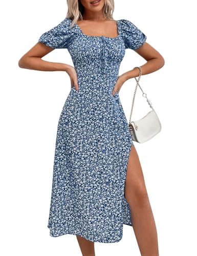 Image of SPRIME Women's Floral Summer Casual Dress Square Neck Puff Sleeve Boho Midi Dresses Ruched Bust High Waist Split Long Dress