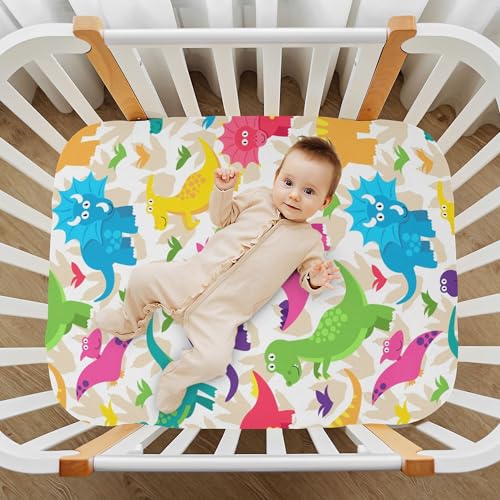 Image of Dinosaur Cartoon Colorful Crib Sheets Soft Breathable Fitted Baby Crib Sheets Mattress Cover for Girls Boys, 52 inch x 28 inch x 9 inch