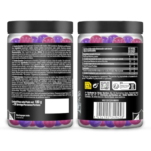 Weider Micronized Creatine Gummies (60 gominolas) Sabor DUO Fresa-Mora, con 3,5g creatina monohidrato 200 MESH/porción, Certificado por laboratorio Europeo, ayuda al rendimiento físico (20 porciones)