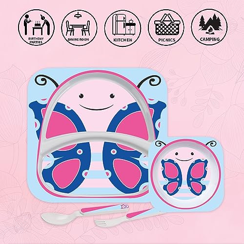 Image of Cello Kids Meal Melamine Dinner Set with Butterfly Print | Safe and hygenic for Kids to use | Attractive and Long Lasting Designs | Break Resistant | Pink, Set of 4