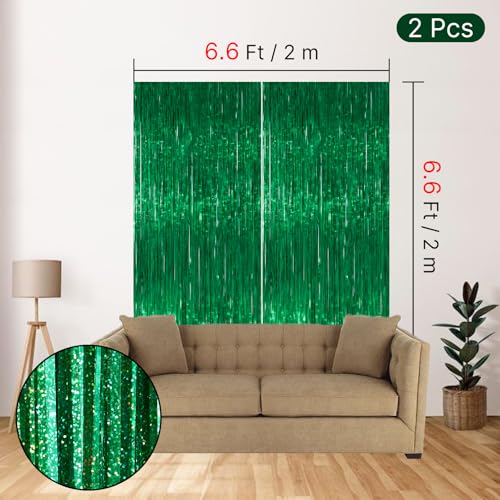 Image of PartyWoo Green Streamers Backdrop 2pcs 3.3x6.6 ft Green Tinsel Foil Fringe Streamer Curtains Photo Backdrop for Graduation Birthday Wedding Dinosaur Jungle Golf Football Theme Party Decorations