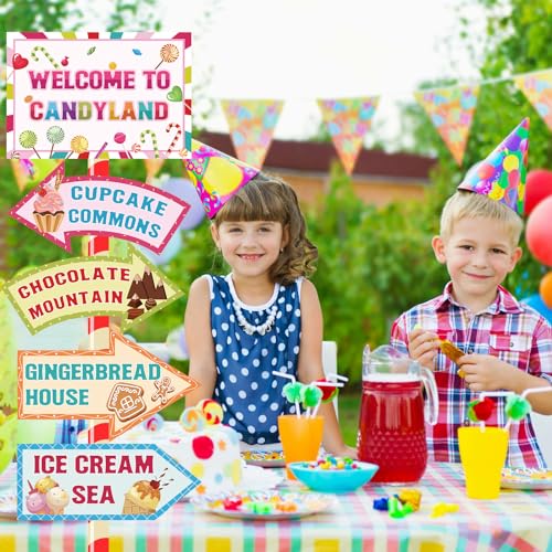 Image of 20 Pieces Candyland Decorations Welcome to Candyland Signs Candy Party Decorations for Kids Girls Candy Land Themed Birthday Party Halloween Christmas Trunk or Treat Car Decorations