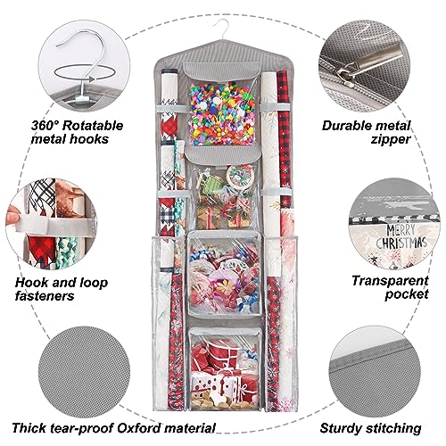 Fixwal-Christmas-Hanging-Gift-Wrapping-Paper-Storage-Oxford-Double-Sided-Hanging-Gift-Wrap-Craft-Roll-Organizer-Storage-Pockets-Hanging-Pantry-Organizer-Grey
