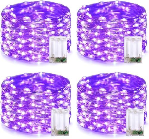 QITONG Purple Fairy Lights Battery Operated 4 Pack Each 16ft 50 LED Outdoor String Lights Silver Wire Mini Twinkle Light Indoor
