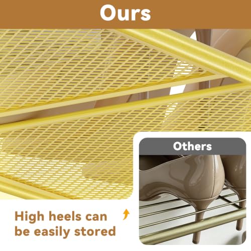 Image of Mesh Shoe Rack, Closet Metal Shoe Organizer Shelf Heavy Duty, Gold | 3-Tier 33 inch Wide Shoe Storage Stackable for Entryway