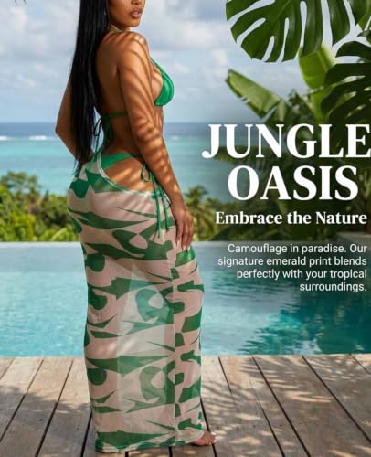 Image of Women's Sexy Swimsuit 3 Piece Thong Bikini Set Triangle Halter Bathing Suit Sheer Mesh Beach Cover Up Maxi Dress