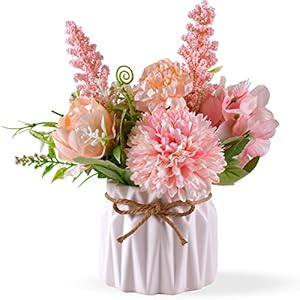 Artificial Potted Flowers Pink, Small Ceramic Vase Fake Flower Plants Desktop Decoration Indoor for Home and Office, Faux Flowers Hydrangea Decora for Table,Bookshelf,Bedroom,Living Room,Party.(Pink)