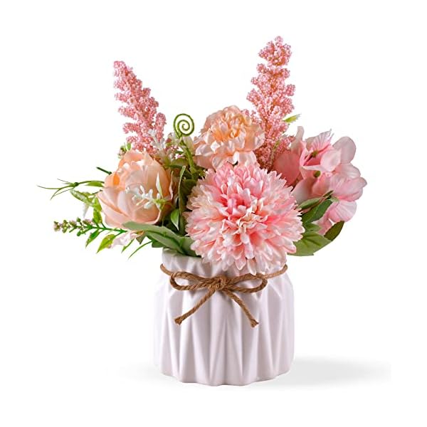 Artificial Potted Flowers Pink, Small Ceramic Vase Fake Flower Plants Desktop Decoration Indoor for Home and Office, Faux Flowers Hydrangea Decora for Table,Bookshelf,Bedroom,Living Room,Party.(Pink)