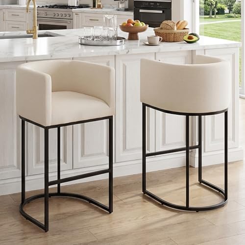 Image of HNY Cream Modern Barrel Counter Height Clearance Bar Stools Set of 2, 32 Inch Linen Kitchen Barstools with Back for Island, with Black Metal Tubular Frame