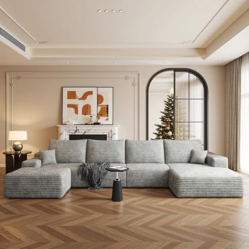 Image of Boneless Couch, Modular Sectional Couches for Living Room, U-Shaped Cloud Couch Sofa with Deep Seat, Fluffy Corduroy Upholstered Corner Sofa