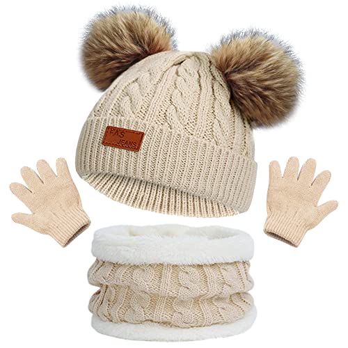 beifon Gorro de Punto Invierno Térmico con Guantes y Bufanda Forro Polar Niños Set Beanie Gorro Sombrero de Punto Invierno Cálido con Pompon para Niños Niñas 3-5 Años (Caqui)