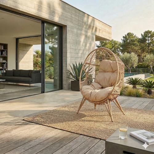 Fauteuil Œuf sur Pied avec Coussin Moelleux Beige - Design Jane en Résine Tressée Aspect Rotin - Hamac Suspendu Stable pour Balcon, Jardin ou Salon -...