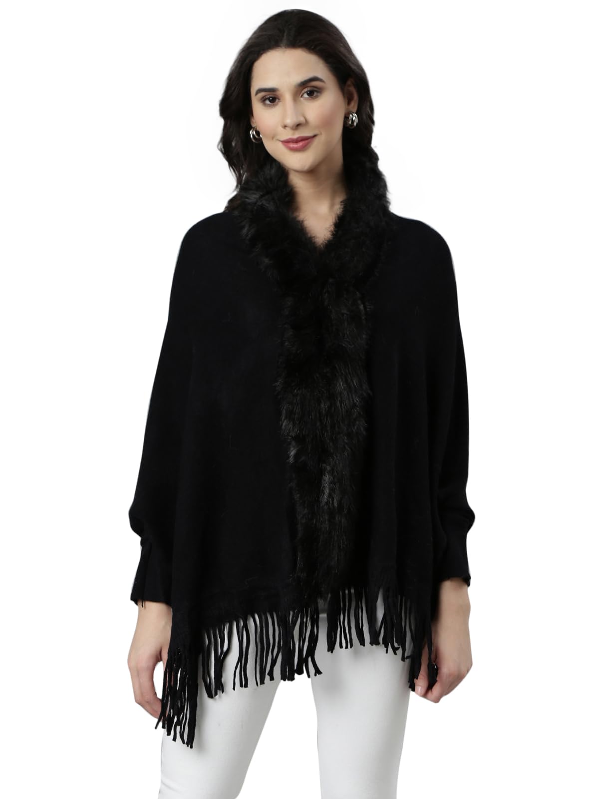 Women's Solid Shawl Collar Longline Black Fringed Poncho-CHN-009_Black-image-41