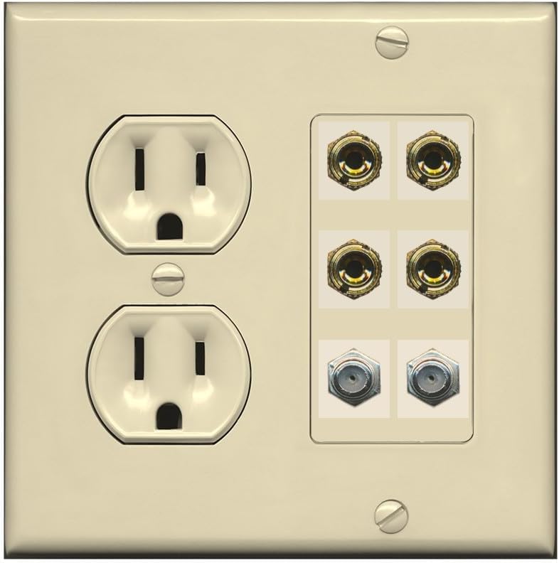 RiteAV 4 Port Banana 2 Speaker Binding Post 2 Coax Wall Plate - Round Outlet [Ivory/Ivory]