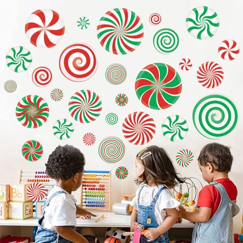 Autocollants muraux ronds de Noël menthe poivrée imperméables en lot de 64 pièces - 6