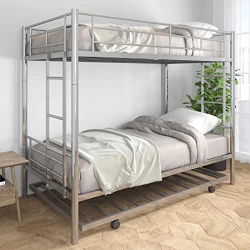 Metal Bunk Bed With Trundle Twin Over Twin Modern Bunk Beds With Slats Heavy Duty Bunkbed Frame For Adults,Teens,Boys And Girls. (Silver) #TOP2