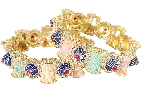 Image of NMII Gold Metal Bangles Rajwadi Style Kangan Set For Women & Girls with Zircon Diamond | Traditional Girl's Bangles Bracelet | Kada For Women Trendy | Wedding, Party, Festive, Daily- Set of 2