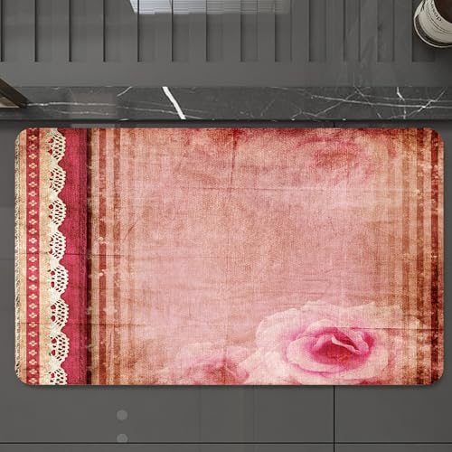 EMCLKS Tappeto Bagno 60x90 cm,Bordo in pizzo stampato con rose rosa vintage con cornice in stile retrò,Tappetino Assorbente e Antiscivolo in Microfibra per Bagno,Cucina,Camera da Letto,Corridoio