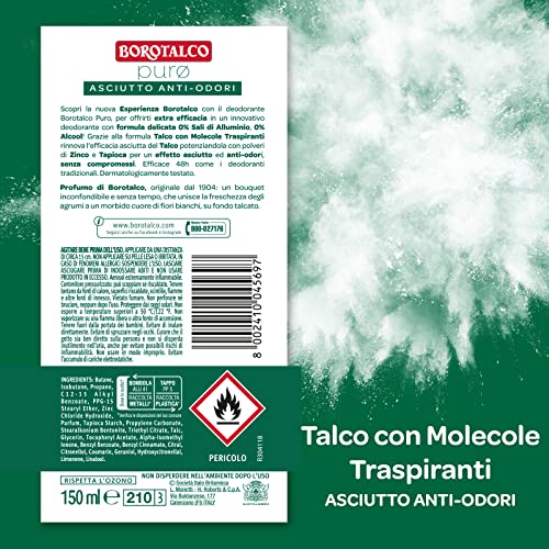 Borotalco, Deodorante Spray Puro, con Talco con Molecole Traspiranti, Formula Senza Alcool e Sali di Alluminio, Asciutto Anti-Odori, 48h di Efficacia, Profumo di Borotalco - 1 Flacone da 150 ml - Immagine 1