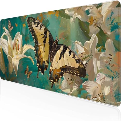 Mariposa Alfombrilla Ratón (800 x 400 mm) Alfombrilla Escritorio Amarillo Mouse Pad con Bordes Cosidos Impermeable Base de Goma Antideslizante Tapete Rato Escritorio para Oficina, Regalo E-G