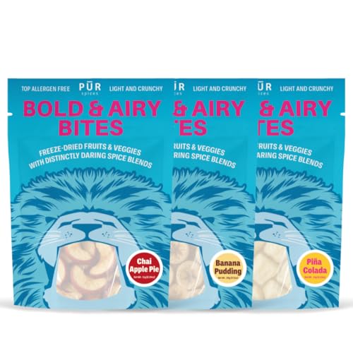 Bold & Airy Bites Freeze-Dried Snack Fruit Variety Pack – 3 Flavors: Piña Colada, Banana Pudding & Chai Apple Pie – Allergen-Free, No Preservatives, No Sugar Added, Bold Flavor, 3-Pack I Ideal for Snacking, Lunches, Afterschool, Post Workout