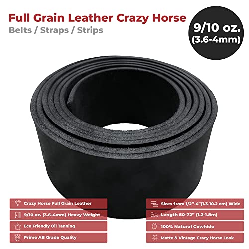 European Leather Work Cowhide 9-10 Oz. (3-4Mm) Leather Blank Belts |Size: 1.5"X60" (3.8X153Cm) | Black Color | Full Grain Cowhide Crazy Horse Leather Strap Tooling, Engraving, Knife Sheath #TOP1