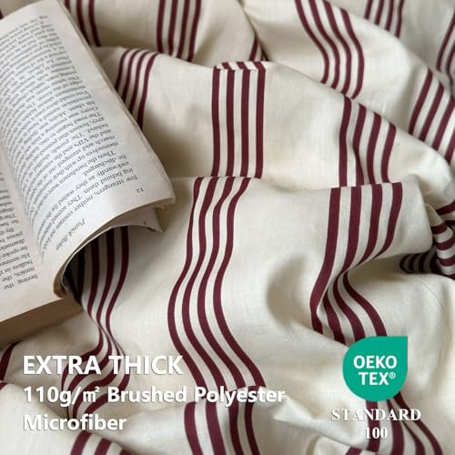Image of Striped Duvet Cover Set Twin Size Reddish-Brown Stripes Comforter Cover Retro Vertical Ticking Stripes Pattern Soft Breathable Microfiber Bedding Set with Zipper Closure and 1 Pillowcase